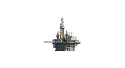 Fototapeta premium An industrial offshore oil drilling rig stands tall above the sea near a busy harbor where cranes and cargo ships handle freight and shipping containers at the loading dock