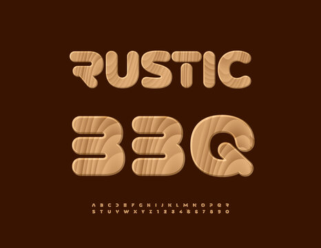 Vector Cooking banner Rustic BBG. Trendy Wooden Font. Tree textured Alphabet Letters and Numbers set.