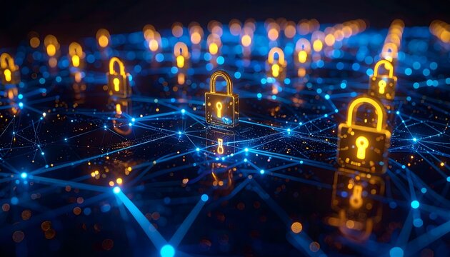 Interconnected Network Nodes with Glowing Padlocks Representing Secure Cloud Computing and Policy Compliance