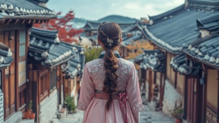 Obraz premium Korean asian woman in traditional korean dress or hanbok dress walking in old palace in night with full moon, Seoul city, South Korea,copy space.