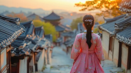 Fototapeta premium Korean asian woman in traditional korean dress or hanbok dress walking in old palace in night with full moon, Seoul city, South Korea,copy space.