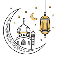 A mosque and lantern on a crescent moon © dada