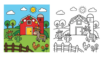 Fototapeta premium Cinco De Mayo Coloring Donkeys and Cactus Barn Theme
