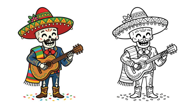 Cinco De Mayo Skeleton Mariachi Coloring Page Smiling and Playing Guitar