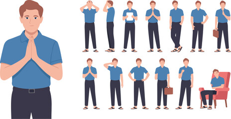 Flat vector character set of a man in a blue polo shirt with various poses and professional gestures. © Md