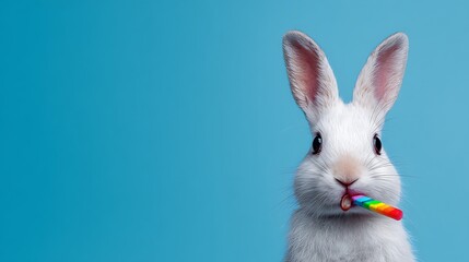 Obraz premium Cute white rabbit on blue background with copy space for text 