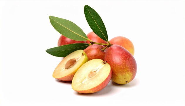 Mamey sapote fruits with leaves on white background vibrant