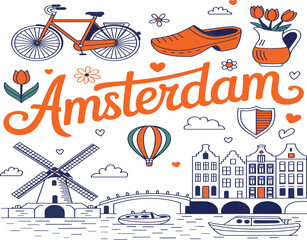 Naklejka premium Amsterdam vector illustration set with windmill bicycle canal houses clogs and tulips for city travel