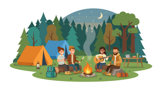Vector illustration of friends camping in the forest at night around a campfire, roasting marshmallows and playing guitar under a starry sky with crescent moon.