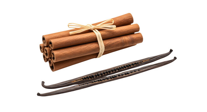 Cinnamon sticks tied with raffia and vanilla pods on white background transparent background