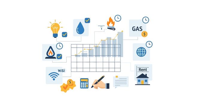 Household Utility Cost Management and Financial Budgeting Infographic with Icons for Electricity, Gas, Water, Rent, and Internet Tracking