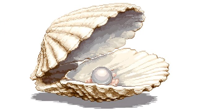 Open Seashell With Shiny White Pearl Pixel Art Illustration Isolated