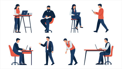 Fototapeta premium Workplace Illustration Diverse Individuals Engaged in Work Activities, Seated and Standing