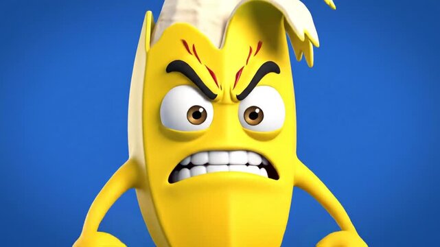 Animated Banana Character Expressing Various Angry Emotions on Blue Background.
