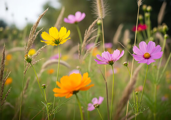 Obraz premium A vibrant summer meadow featuring pink and yellow cosmos flowers reaching toward the sky in a soft sunlit garden