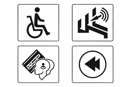 Four black and white pictograms on square signs