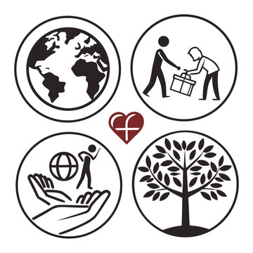 Charity icons with earth, helping hands, tree and heart