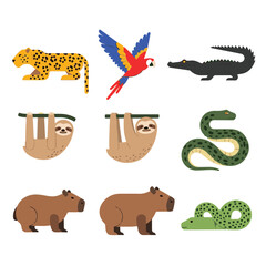 Fototapeta premium Collection of cartoon jungle animals including jaguar, macaw, crocodile, sloths, capybaras, and snakes on a white background.