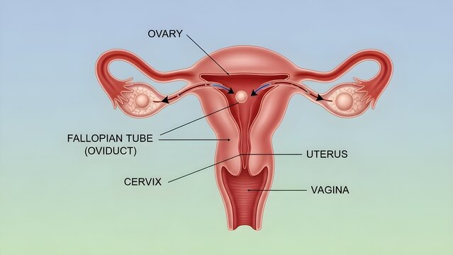 Frontal illustration of the female reproductive system with uterus, cervix, vagina, ovaries and fallopian tubes (oviducts) labeled against a soft gradient background, providing a clear basic overview 