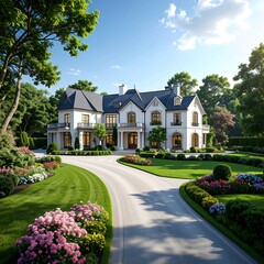 A large white house with a black roof and driveway surrounded by greenery