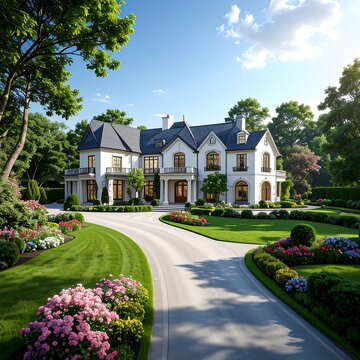 A large white house with a black roof and driveway surrounded by greenery