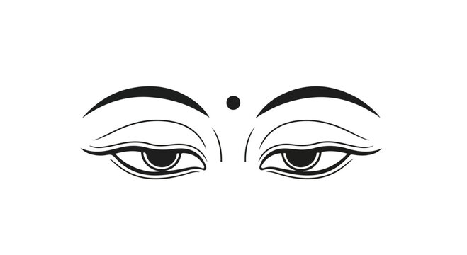 A close-up illustration of a person's eyes with a bindi between the eyebrows, conveying a serene and spiritual mood with simple lines on a white background, related to Buddha Purnima.