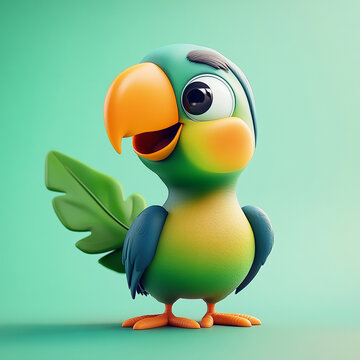 Charming 3D cartoon illustration of a cute green parrot character set against a clean teal background.  . made with generative AI