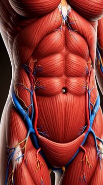 Human anatomy of the abdomen displaying the layers of fat over the stomach muscles being reduced to show a fit and athletic physique