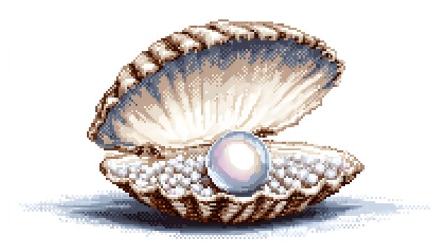Open Seashell With Shiny White Pearl Pixel Art Illustration Isolated