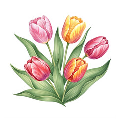 Obraz premium A beautiful bouquet of five vibrant tulips in shades of pink, yellow, and red with long green leaves and stems isolated on transparent background