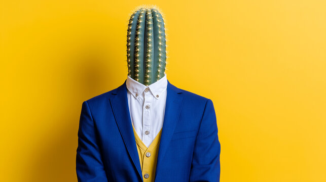 Conceptual illustration of a businessman in a blue suit with a prickly cactus instead of a head on a bright yellow background