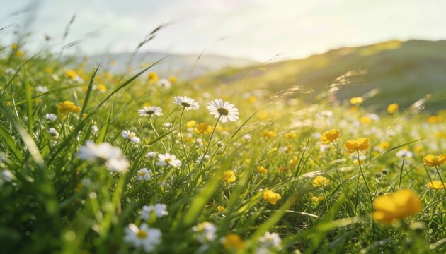 Vibrant meadow with daisies and buttercups bathed in golden hour sunlight