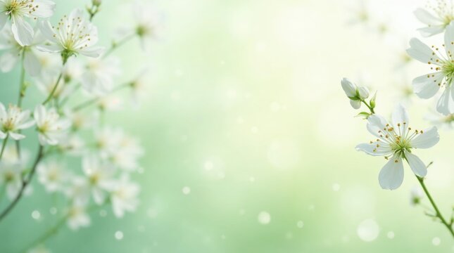 Delicate white blossoms on thin stems against a soft green bokeh background