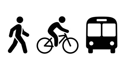 Three icons depicting walking, cycling, and bus transportation for urban commuting options Vector © Mst Nazma