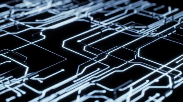 Illuminated circuit board close-up. Bright white lines form a complex network against a dark background, suggestive of digital processes