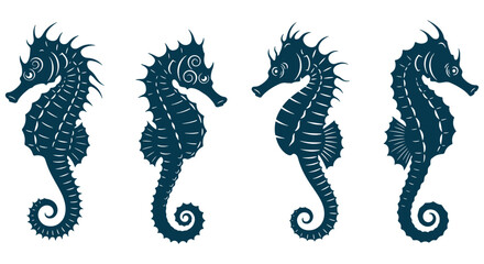 A collection of stylized vector seahorse illustrations in a deep blue tone © Shanzida