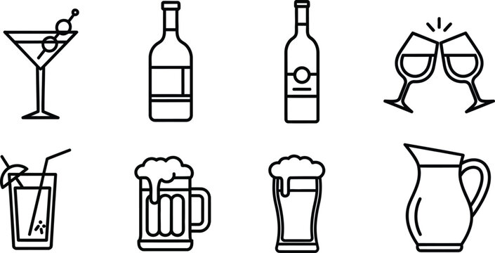 Set of minimalist line art drink icons including cocktails wine and beer ideal for bar menus app interfaces and beverage-related designs