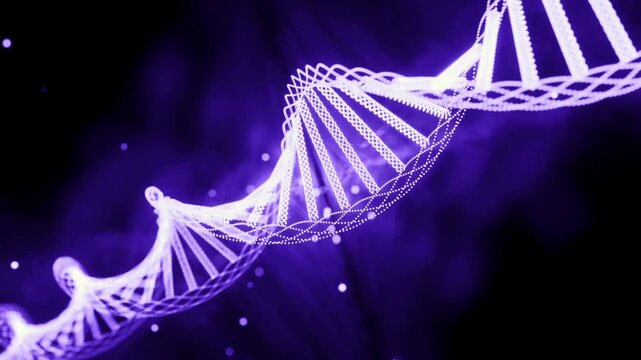 Futuristic glowing DNA double helix rotating in a dark space with luminous particles and abstract genetic chains. Science, biotechnology and medical research concept with 