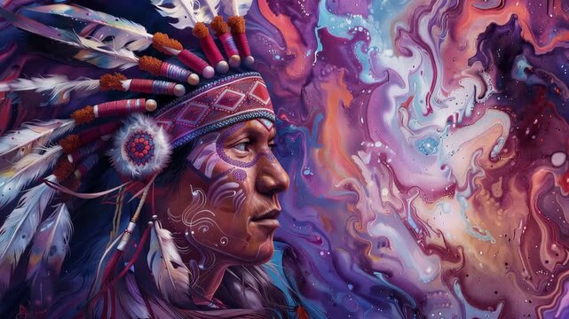 Native american man in traditional headdress with spiritual cosmic energy background 4k video