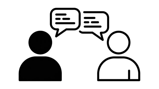 Two simple figures engaged in a conversation with speech bubbles between them depicting dialogue exchange Vector