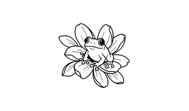 Minimalist frog tattoo design with flower black line vector illustration cute animal