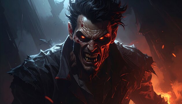 A grotesque figure looms with glowing eyes and sharp teeth