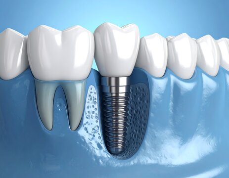 A dental implant inserted into a lower jawbone with surrounding teeth