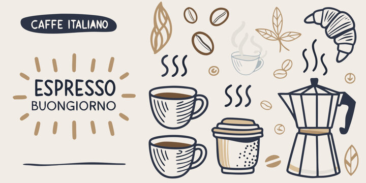 Italian coffee elements espresso moka pot croissants and coffee beans