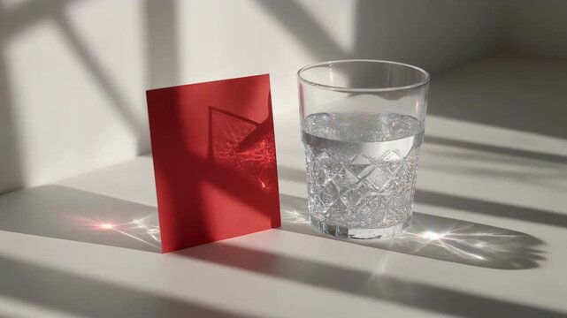 A red notebook stands upright next to a clear glass of water on a white surface, illuminated by natural light casting long shadows.