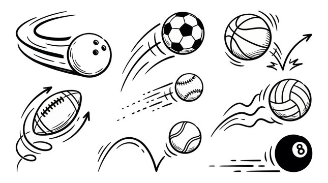 Collection of hand drawn sports balls with motion lines in black and white sketch style, concept for athletic competition graphic, sports logo design and physical education branding