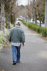 Obraz premium 春の公園で散歩するシニア男性の姿