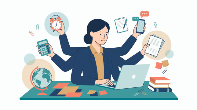 Female executive project manager with multiple arms multitasking using laptop, calculator and smartphone at office desk, concept for time management, productivity and business workflow