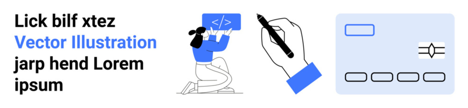 Web development, coding, interface design, creative process, programming, IT tools. Graphic of a person with code, a drawing hand and a software interface. Web development and coding concepts