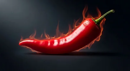 Keuken achterwand Hete pepers A vibrant red chili pepper with fiery flames on a dark background, emphasizing its intense heat and spice.  © LangkahKaki